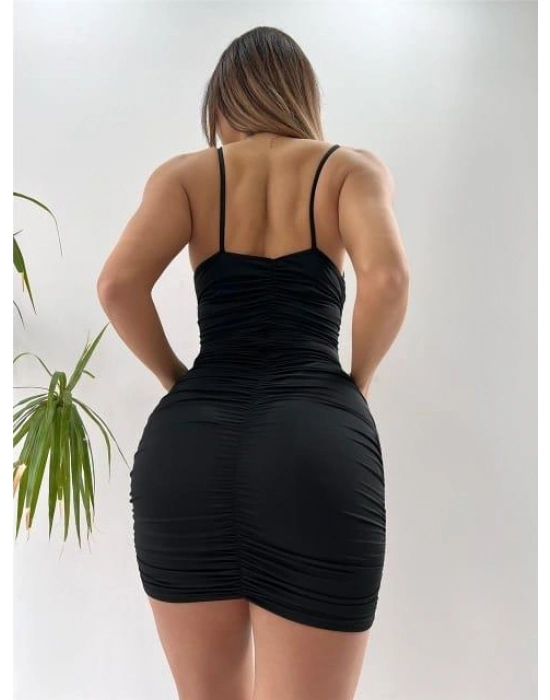 Göbek Dekolteli Büzgülü Siyah Mini Club Elbisesi