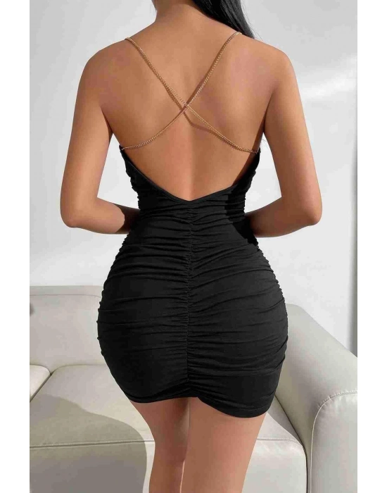 Gögüs Degajeli Sırt Zincir Detaylı Büzgülü Siyah Mini Club Elbisesi