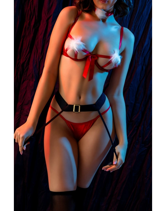 Göğüs Ucu Ponponlu Yılbaşı Kırmızı Fantazi Kostüm, Kadın Seksi Gecelik,jartiyer Takım,çorap Dahildir