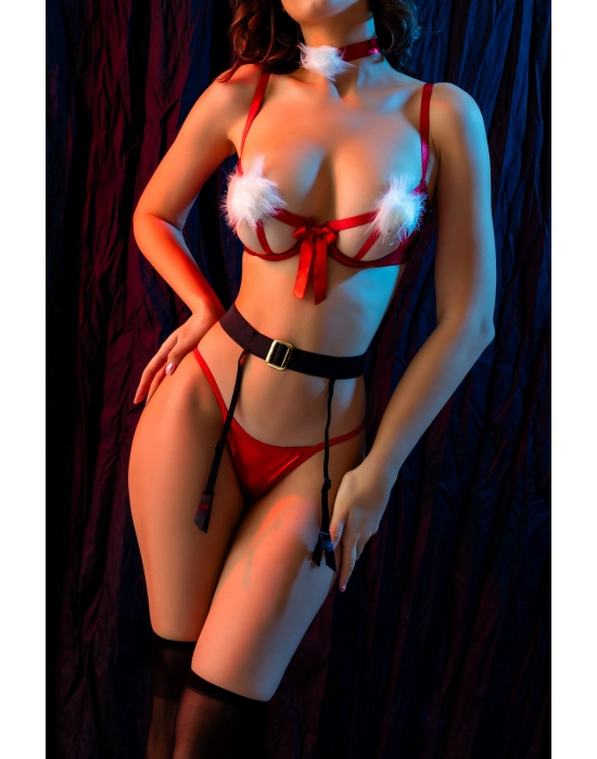 Göğüs Ucu Ponponlu Yılbaşı Kırmızı Fantazi Kostüm, Kadın Seksi Gecelik,jartiyer Takım,çorap Dahildir