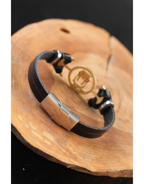 Gold Renk Baykuşlu Metal Aksesuarlı Siyah Renk Deri Erkek Bileklik - Bamido