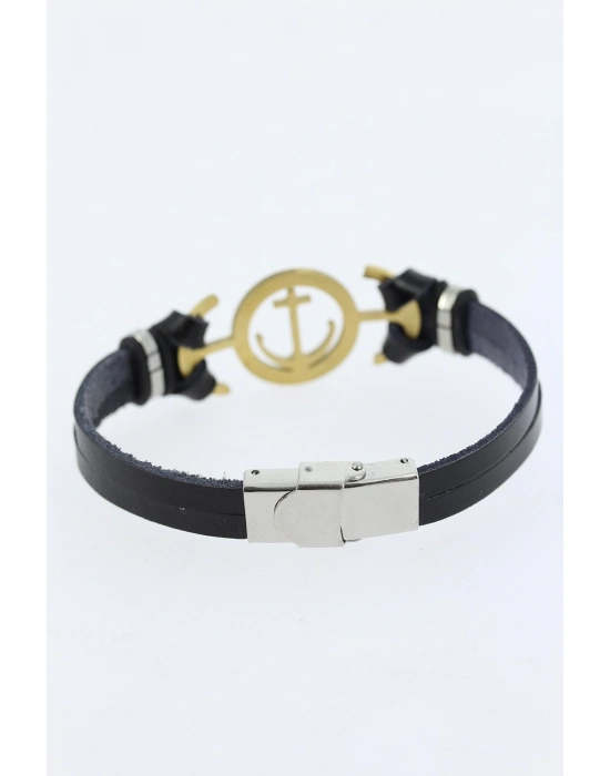 Gold Renk Deniz Çapası Figürlü Metal Aksesuarlı Siyah Renk Deri Erkek Bileklik - Bamido