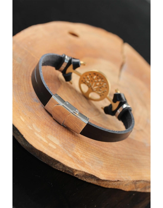 Gold Renk Metal Ağaçlı Tasarım Siyah Renk Deri Erkek Bileklik - Bamido