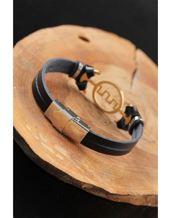 Gold Renk Metal Labirent Tasarım Siyah Renk Deri Erkek Bileklik - Bamido