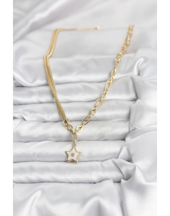 Gold Renk Pirinç Yıldız Model Kadın Kolye - Bamido