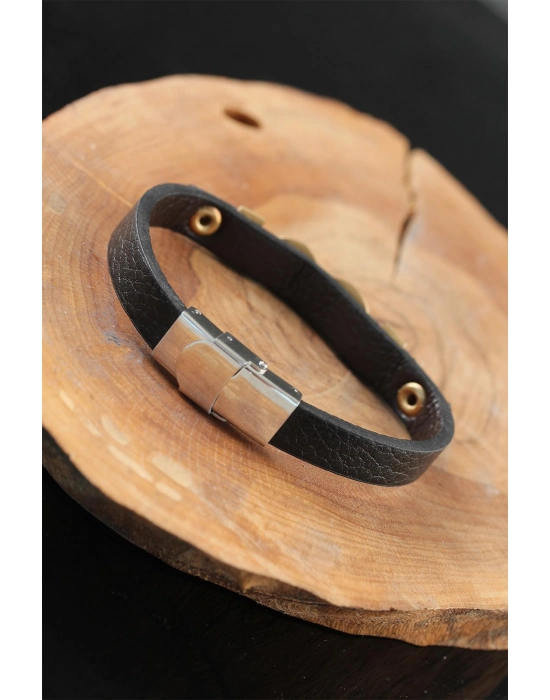 Gold Renk Sonsuzluklu Metal Aksesuarlı Siyah Deri Erkek Bileklik - Bamido