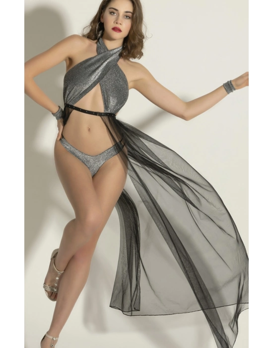 Gümüş Işıltılı Tül Detaylı Seksi Fantezi İç Giyim Seti,3 Parça Seksi Fantazi Kostüm