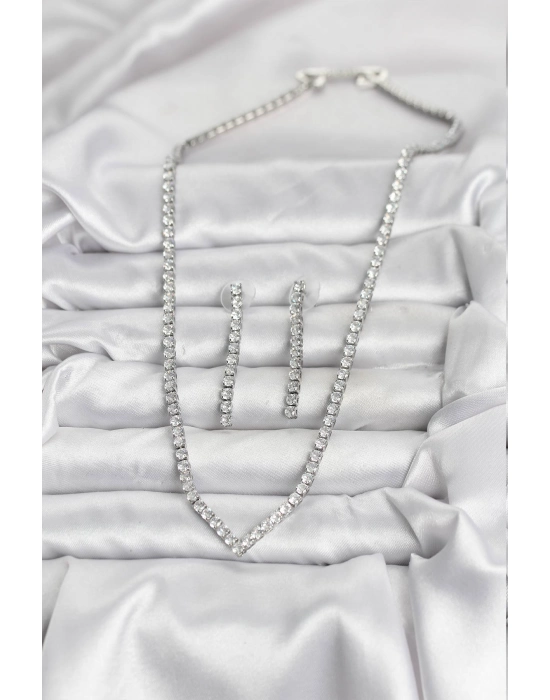 Gümüş Renk Zirkon Taşlı Kadın Kolye Küpe Seti - Bamido