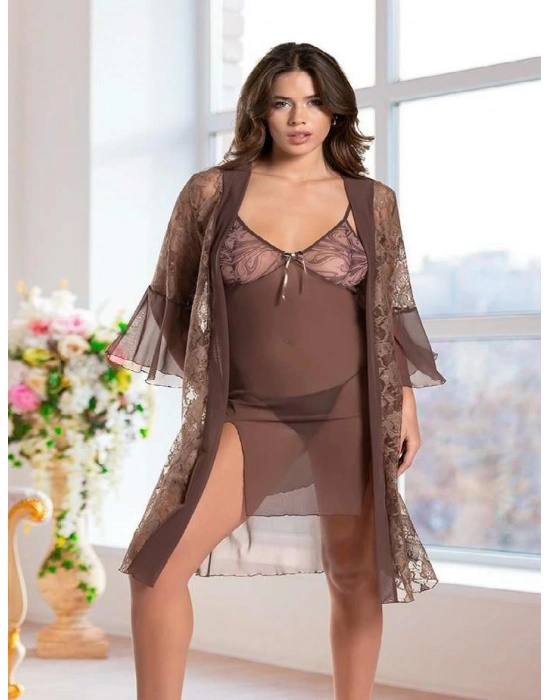 Haki Transparan Dantel İşlemeli Tül Yırtmaçlı 2li Gecelik Takımı