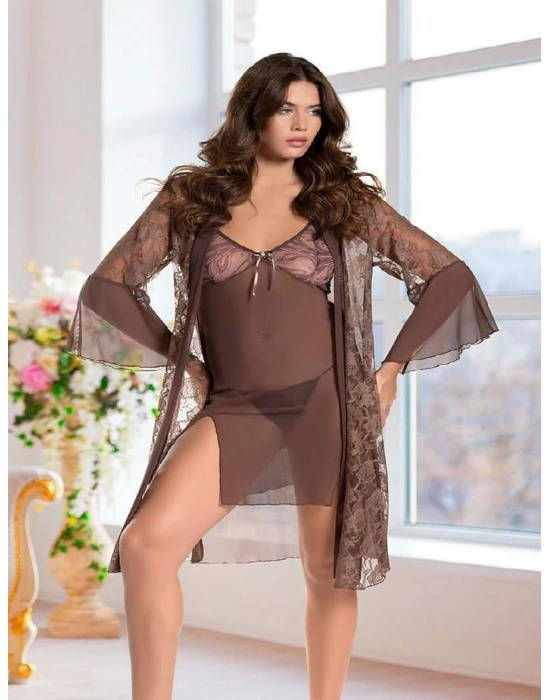 Haki Transparan Dantel İşlemeli Tül Yırtmaçlı 2li Gecelik Takımı