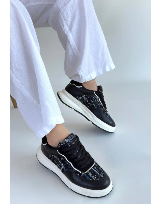 Hawer Siyah Cilt Bağcıklı Spor Ayakkabı - Bamido