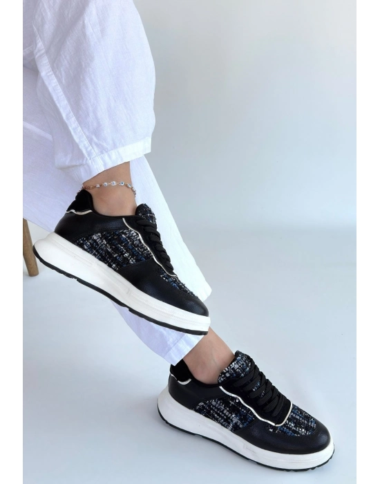 Hawer Siyah Cilt Bağcıklı Spor Ayakkabı - Bamido