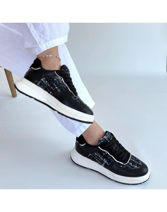 Hawer Siyah Cilt Bağcıklı Spor Ayakkabı - Bamido