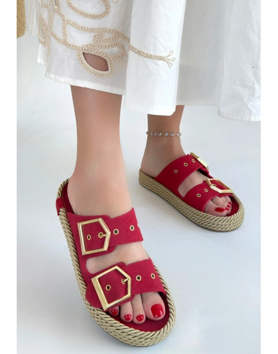 İces Kırmızı Nubuk Terlik - Bamido