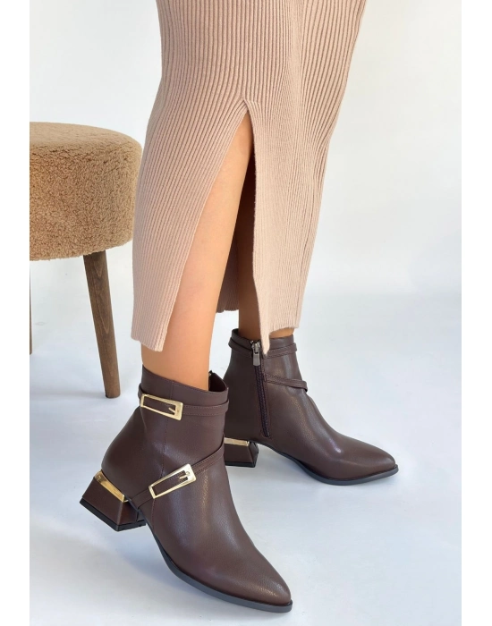 İnay Kahverengi Cilt Topuklu Bot - Bamido