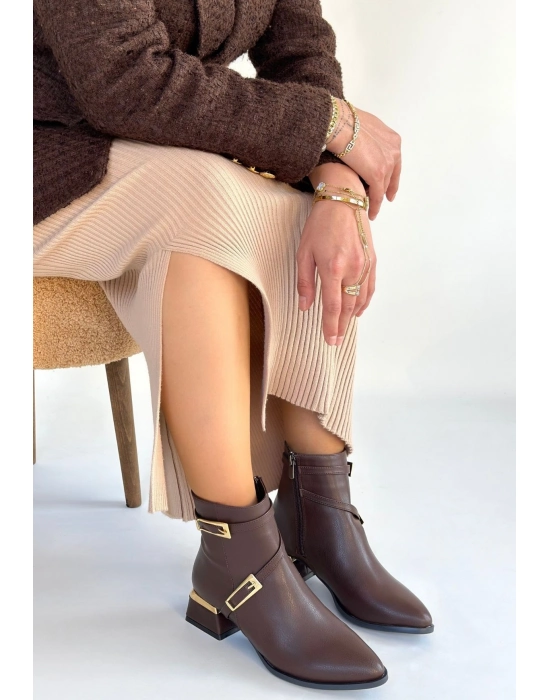 İnay Kahverengi Cilt Topuklu Bot - Bamido