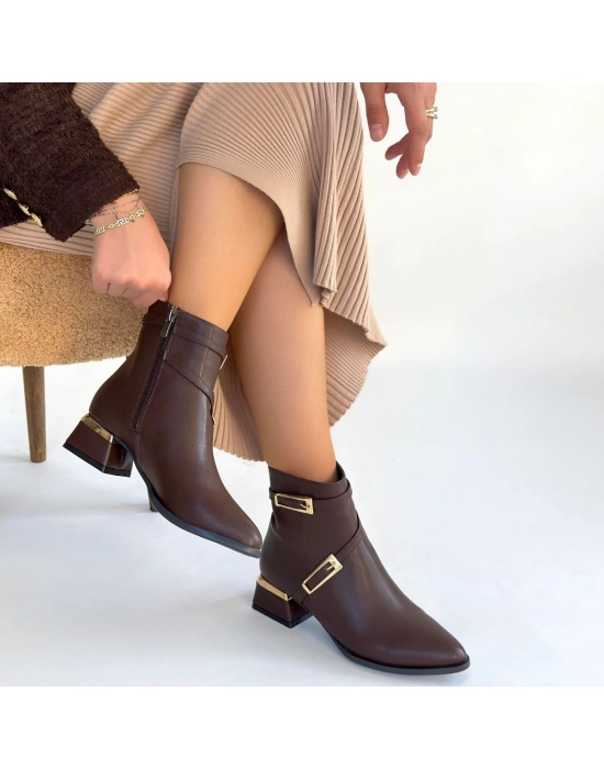 İnay Kahverengi Cilt Topuklu Bot - Bamido