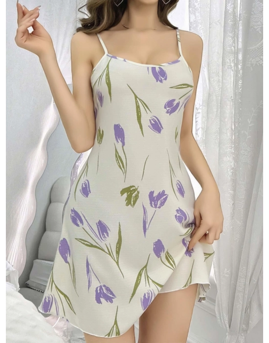 Kadın Beyaz Çiçekli Desenli Askılı Gecelik 5109