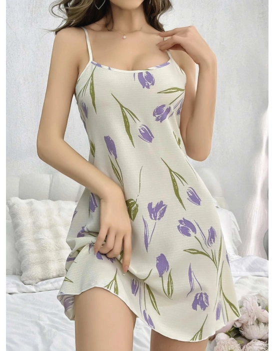 Kadın Beyaz Çiçekli Desenli Askılı Gecelik 5109