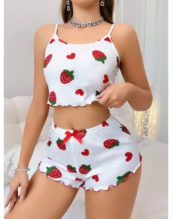 Kadın Beyaz Çilek Desenli Şortlu Pijama Takımı 5053