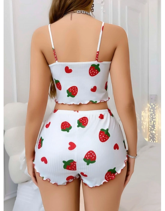 Kadın Beyaz Çilek Desenli Şortlu Pijama Takımı 5053