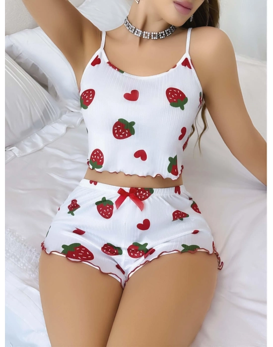 Kadın Beyaz Çilek Desenli Şortlu Pijama Takımı 5053