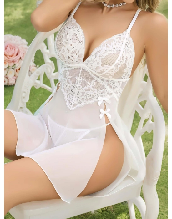 Kadın Beyaz Fantezi Gecelik Tül Dantel Detaylı Yanları Dekolteli 2202