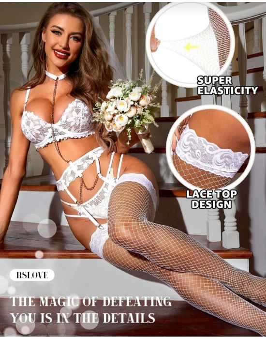 Kadın Beyaz File Silikonlu Jartiyer Çorabı