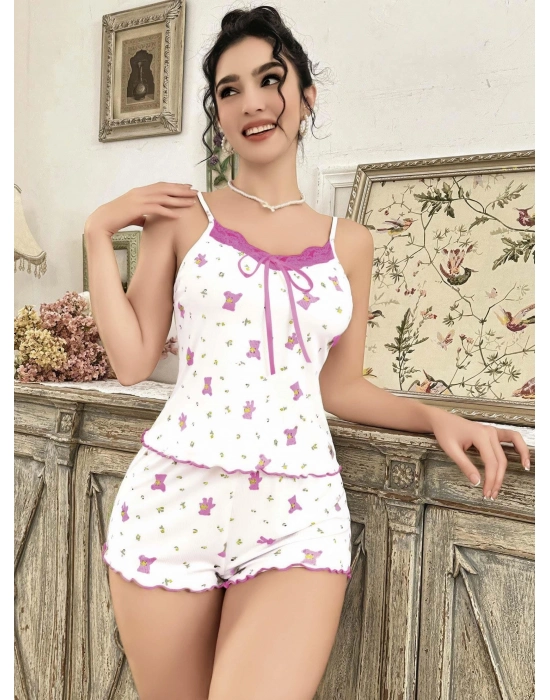 Kadın Beyaz Gül Ve Vişne Desenli Şortlu Gecelik Takım 5113