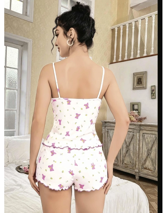 Kadın Beyaz Gül Ve Vişne Desenli Şortlu Gecelik Takım 5113