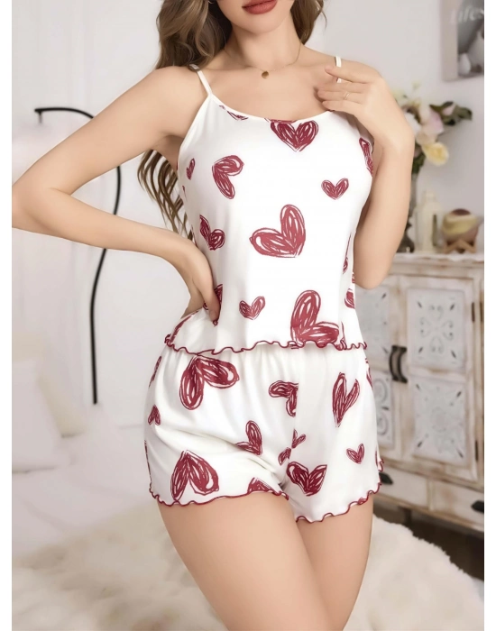 Kadın Beyaz Kalp Desenli Şortlu Gecelik Pijama Takımı 5052