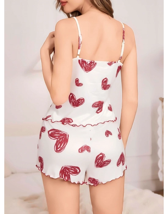 Kadın Beyaz Kalp Desenli Şortlu Gecelik Pijama Takımı 5052