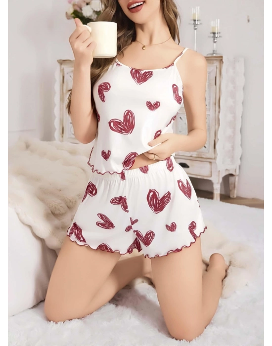 Kadın Beyaz Kalp Desenli Şortlu Gecelik Pijama Takımı 5052