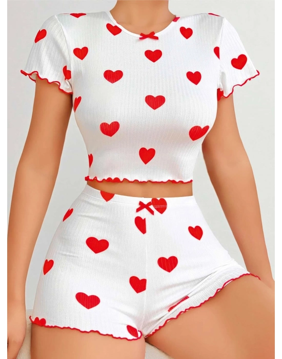 Kadın Beyaz Kırmızı Kalp Desenli Şortlu Gecelik Takım 5023