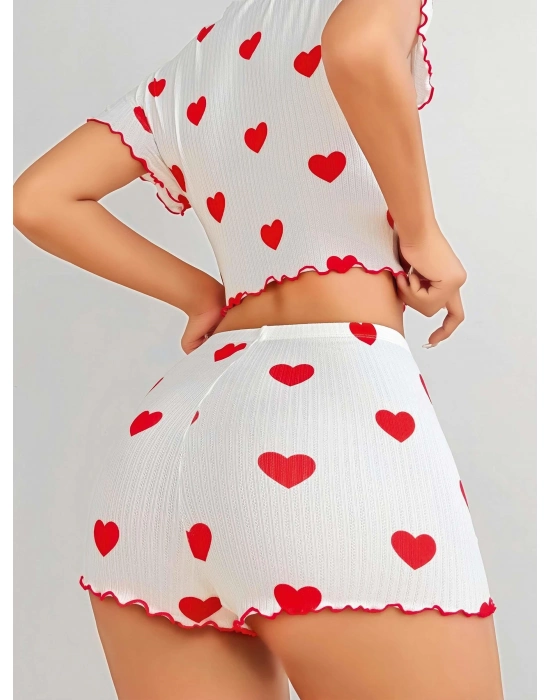 Kadın Beyaz Kırmızı Kalp Desenli Şortlu Gecelik Takım 5023