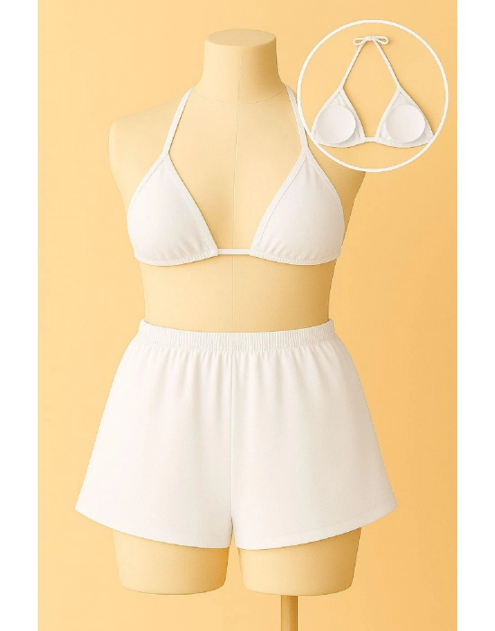 Kadın Beyaz Şortlu Belden Ve Boyundan Bağlamalı Bikini Takımı