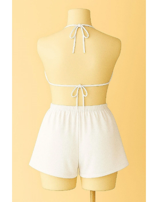 Kadın Beyaz Şortlu Belden Ve Boyundan Bağlamalı Bikini Takımı