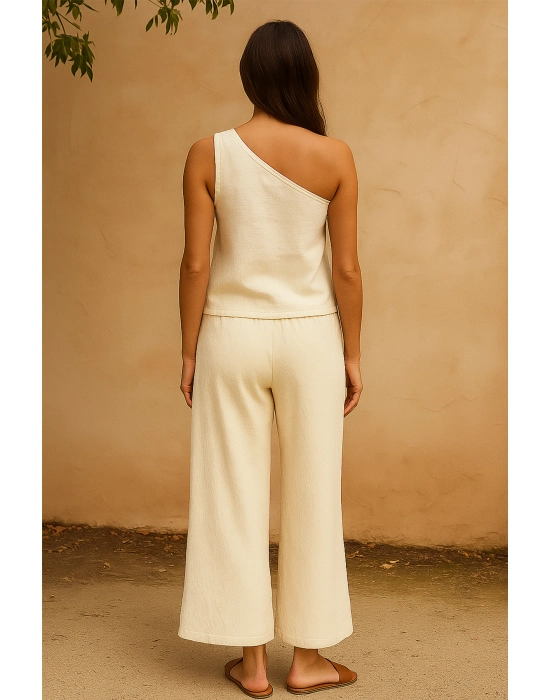 Kadın Beyaz Tek Omuzlu Şık Bluz & Geniş Paça Pantolon İkili Takım