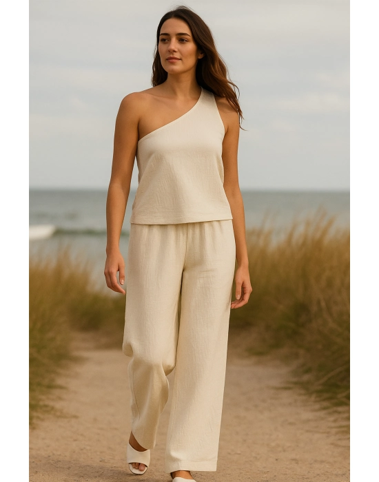 Kadın Beyaz Tek Omuzlu Şık Bluz & Geniş Paça Pantolon İkili Takım