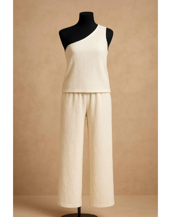 Kadın Beyaz Tek Omuzlu Şık Bluz & Geniş Paça Pantolon İkili Takım