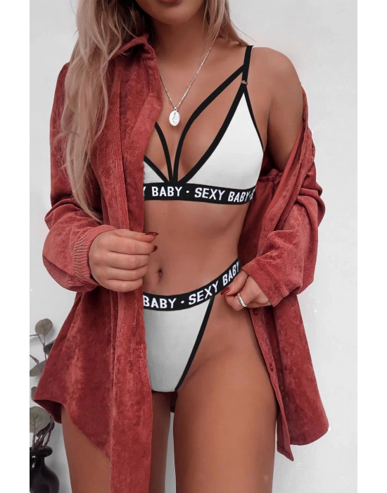 Kadın Beyaz Yazı Detaylı Ipli Sütyen Takımı