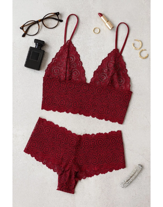 Kadın Bordo Dantel Bralet Şort Takımı – Asil Ve Sofistike İç Giyim