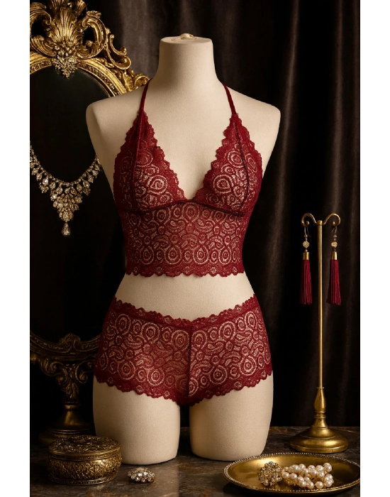 Kadın Bordo Dantel Bralet Şort Takımı – Asil Ve Sofistike İç Giyim