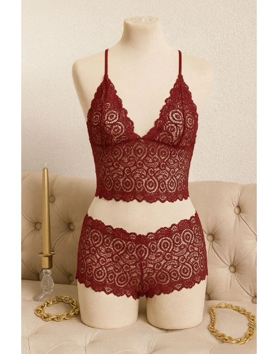 Kadın Bordo Dantel Bralet Şort Takımı – Asil Ve Sofistike İç Giyim