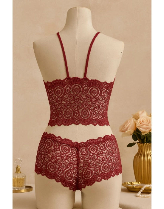 Kadın Bordo Dantel Bralet Şort Takımı – Asil Ve Sofistike İç Giyim