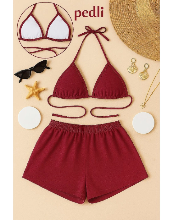 Kadın Bordo Şortlu Belden Ve Boyundan Bağlamalı Bikini Takımı