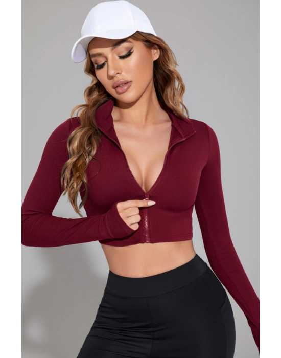 Kadın Bordo Uzun Kol Fermuarlı Parmak Geçme Detaylı Dik Yaka Crop Top Bluz