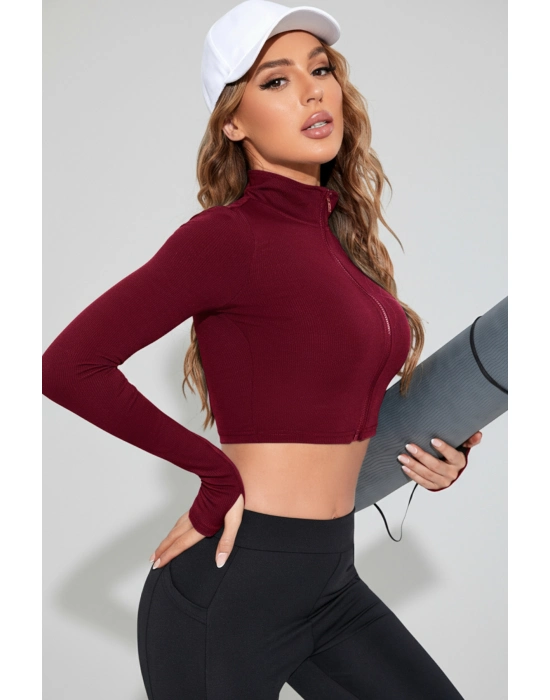 Kadın Bordo Uzun Kol Fermuarlı Parmak Geçme Detaylı Dik Yaka Crop Top Bluz