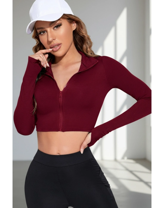 Kadın Bordo Uzun Kol Fermuarlı Parmak Geçme Detaylı Dik Yaka Crop Top Bluz