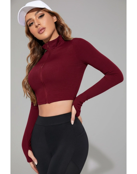 Kadın Bordo Uzun Kol Fermuarlı Parmak Geçme Detaylı Dik Yaka Crop Top Bluz